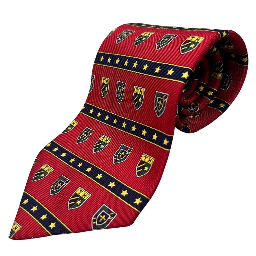 Vintage 1990's Y2K Tommy Hilfiger Crest Tie Preppy, 100% Silk, Red, EUC